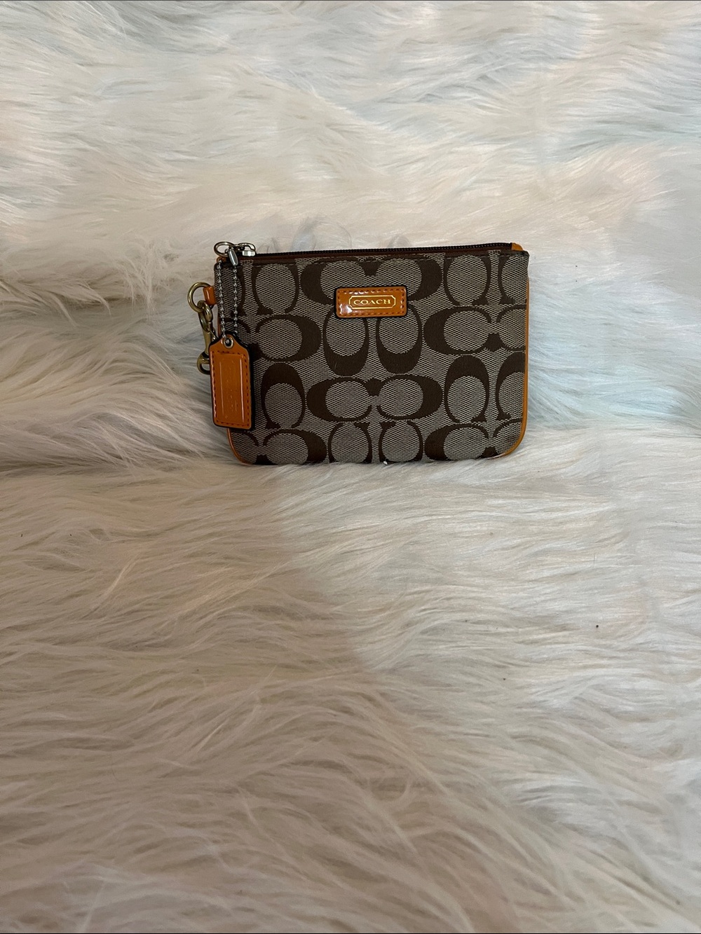 Coach Brown Signature Canvas Wristlet with Tan Leather Trim